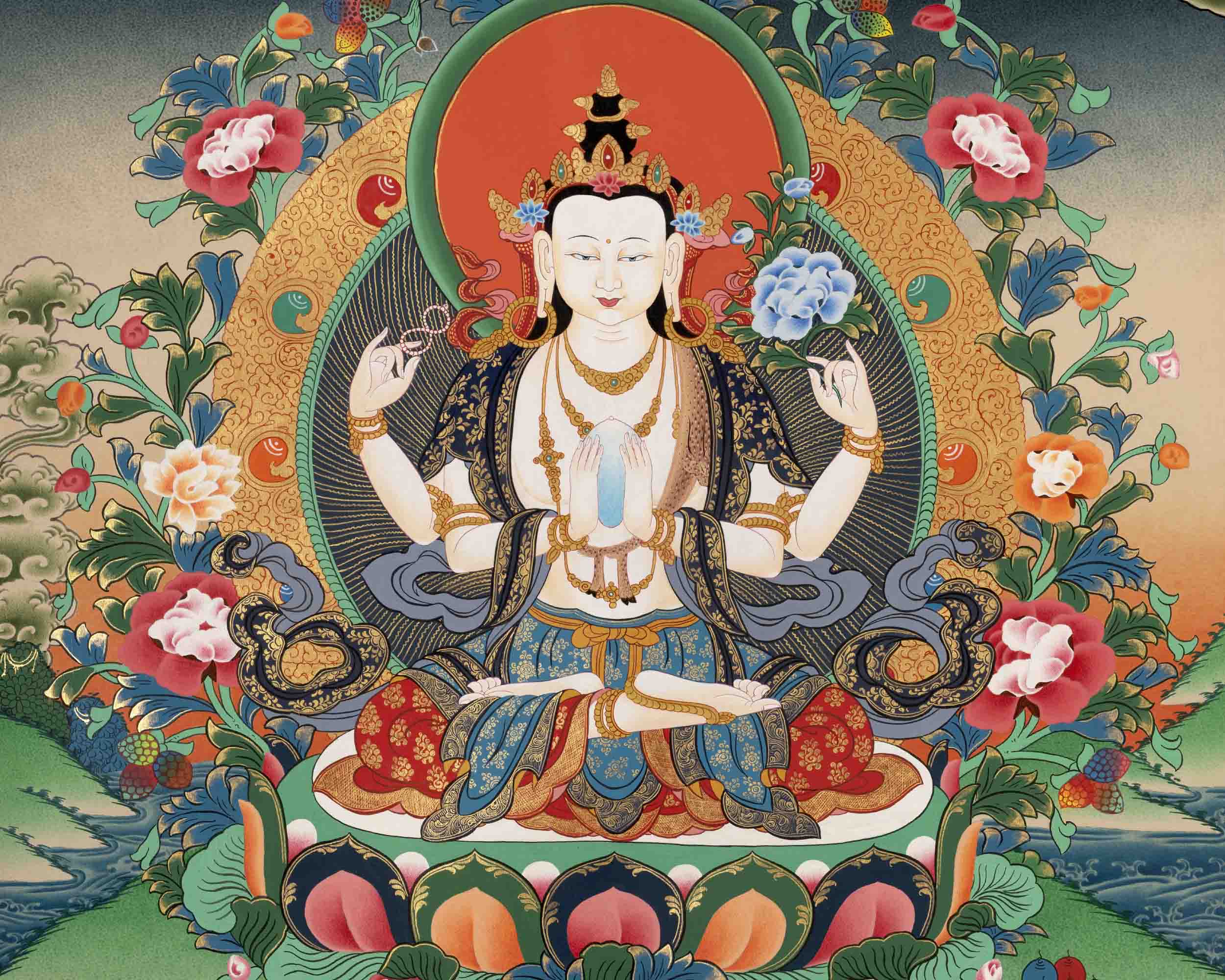 Avalokitesvara Chengrezig Thangka | Religious Buddhist Art | Wall Decors