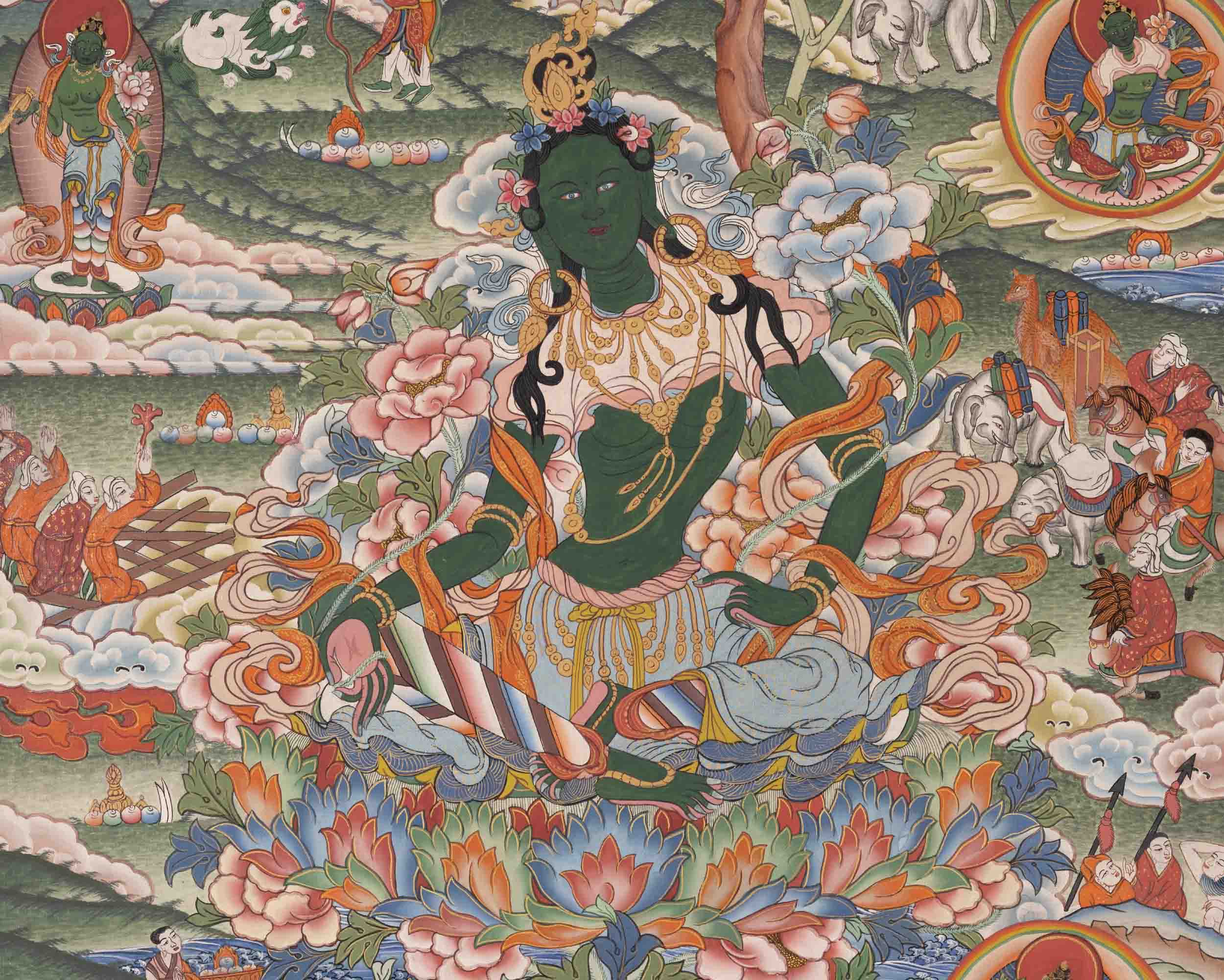 Healing Green Tara Thangka | Healing Female Deity Painting | Wall Decors