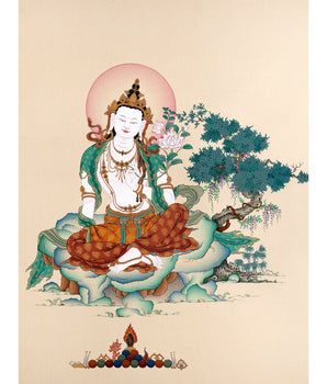 Chenrezig Thangka | 2 Armed Avalokiteshvara in Natural Stone Colors and 24K gold