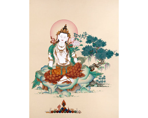 Chenrezig Thangka | 2 Armed Avalokiteshvara in Natural Stone Colors and 24K gold