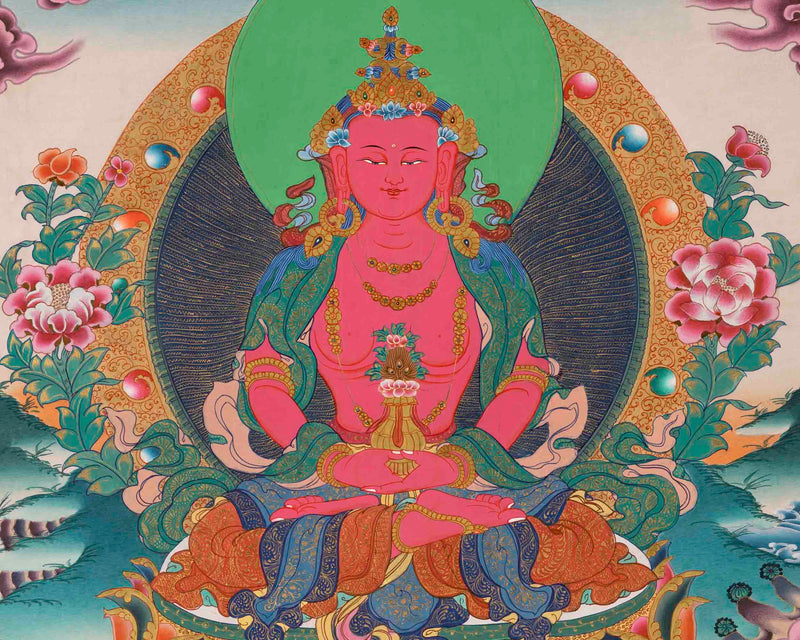 Red Amitayus Buddha Thangka | Religious Hand Painting | Wall Decors