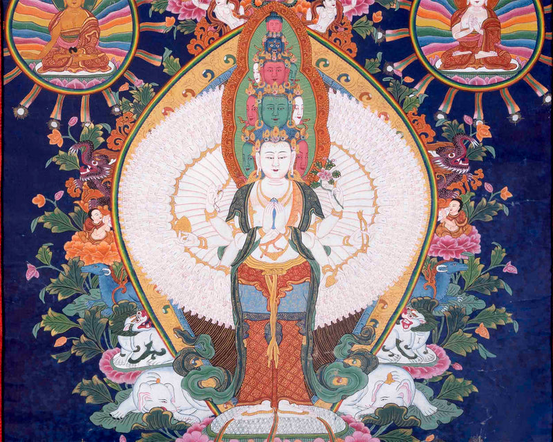 Vintage Avalokiteshvara Thangka | 1000 armed Chengrezig Thangka