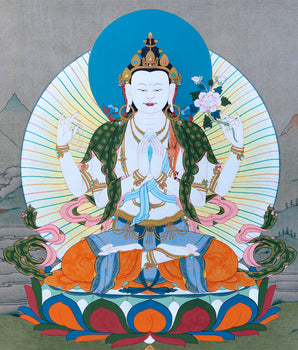 Four Armed Chenrezig Thangka Art | Tibetan Buddhist Deity Of Compassion