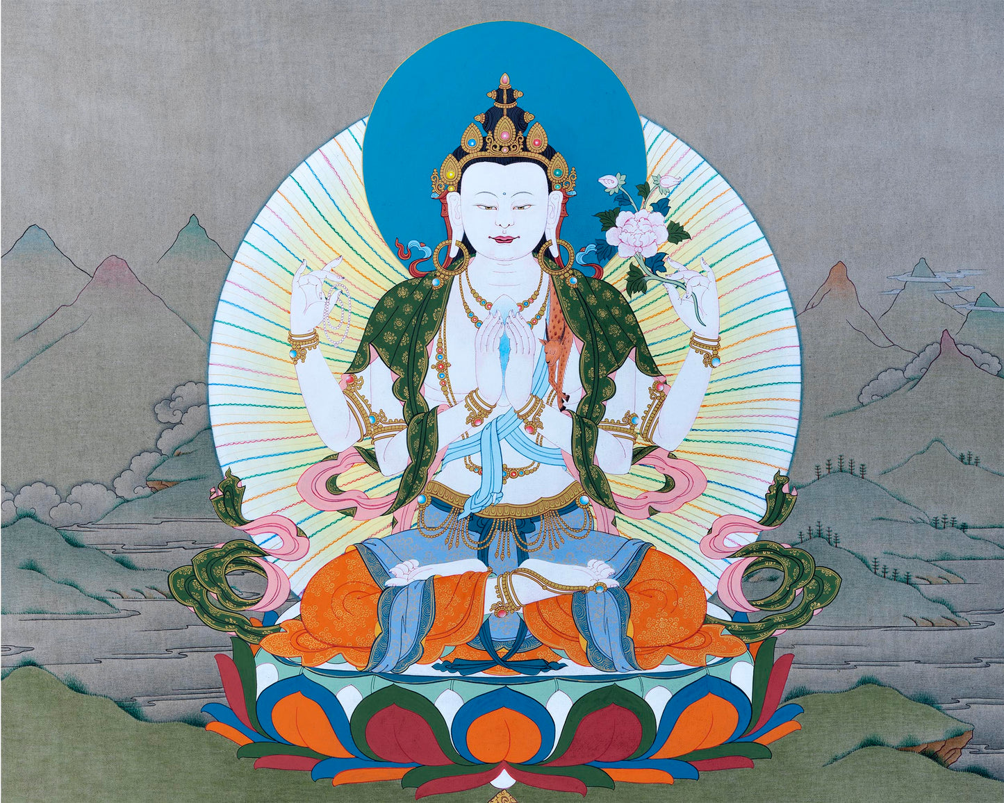 Four Armed Chenrezig Thangka Art | Tibetan Buddhist Deity Of Compassion