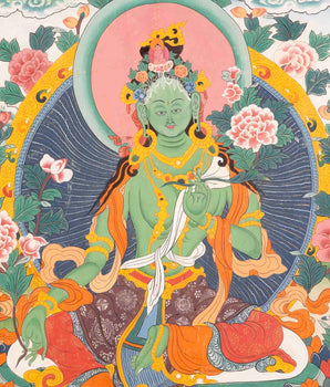 Vintage Green Tara Thangka | Hand Painted Thangka With Brocade