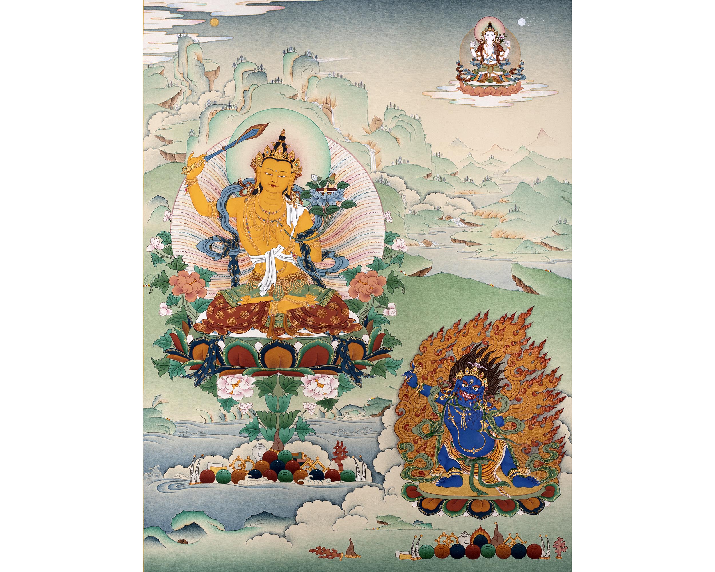 Bodhisattva Thangka | Manjushree With Chenrezig & Vajrapani