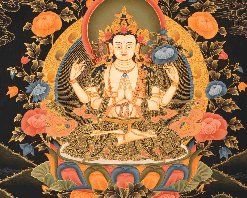 Four Armed Chenrezig Thangka | Tibetan Avalokiteshvara of compassion