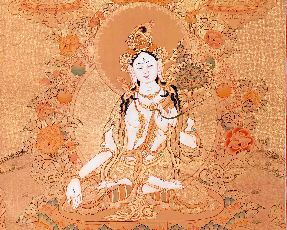 Tibetan White Tara Thangka | Wall Hanging Meditation and Yoga Art
