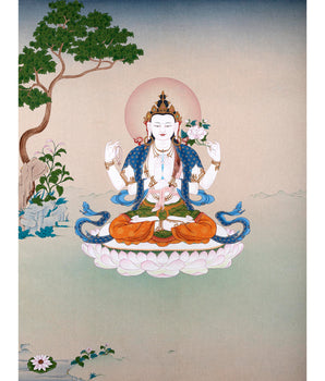 Four-Armed Chenrezig Thangka | Himalayan Bodhisattva Painting