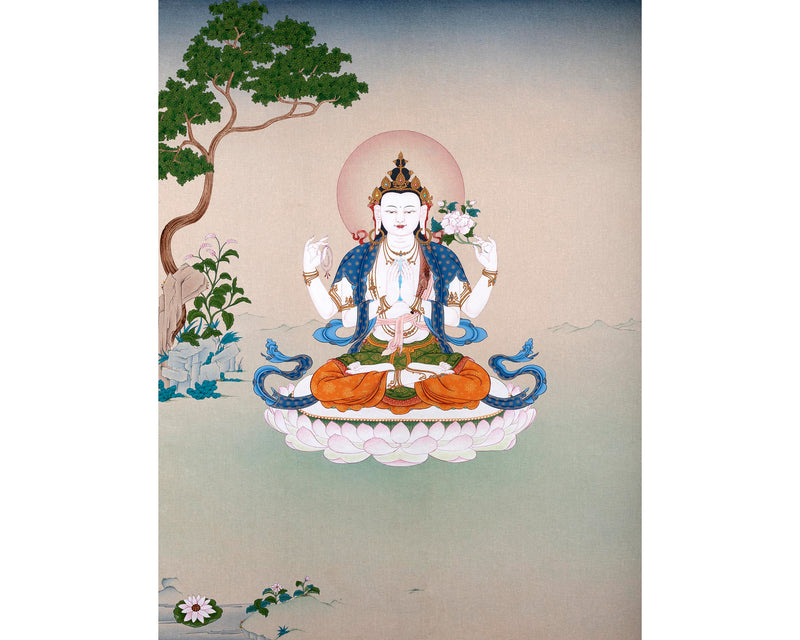 Four-Armed Chenrezig Thangka | Himalayan Bodhisattva Painting