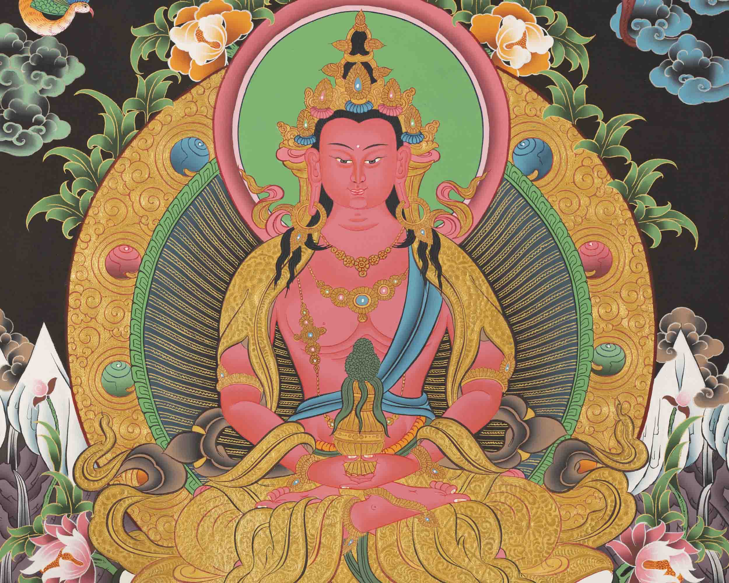 Red Amitayus Buddha | Buddhist Traditional Thangka | Gift For Buddhist