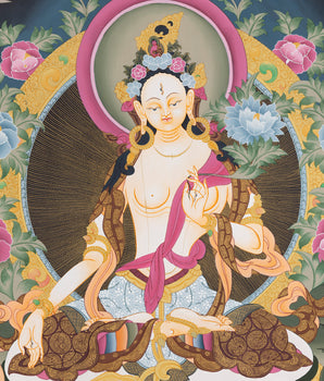 White Tara Thangka Painting | Female Bodhisattva Art | Religious Wall Art