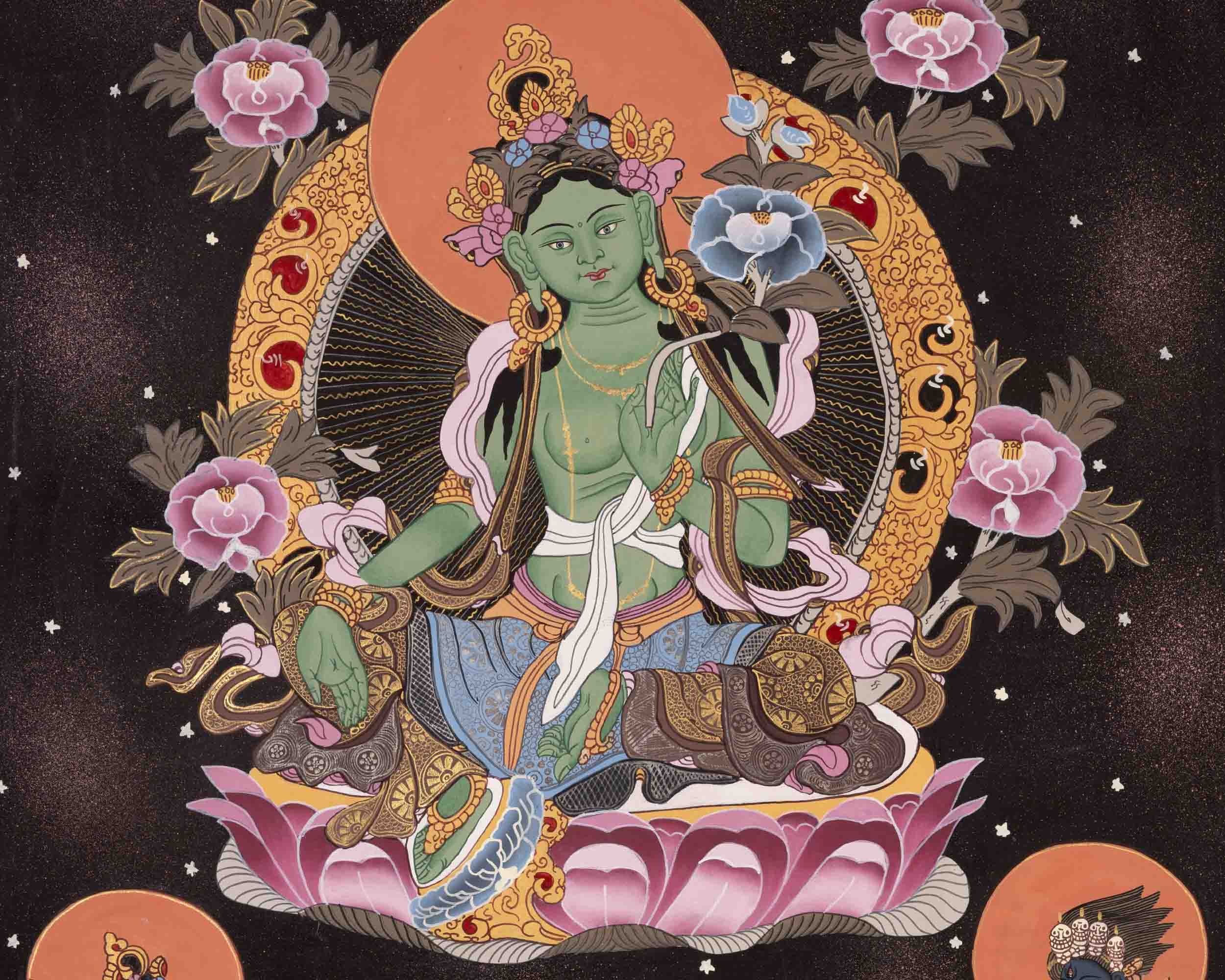 Mother Green Tara Thangka | Religious Buddhist Paint | Wall Decors