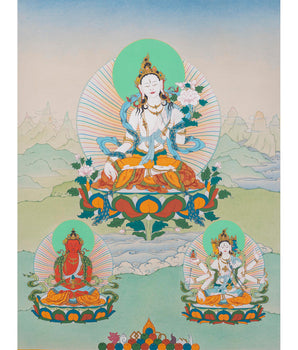 White Tara With Amitayus and Namgyalma Thangka | Tibetan Thangka Painting | Vajrayana Art