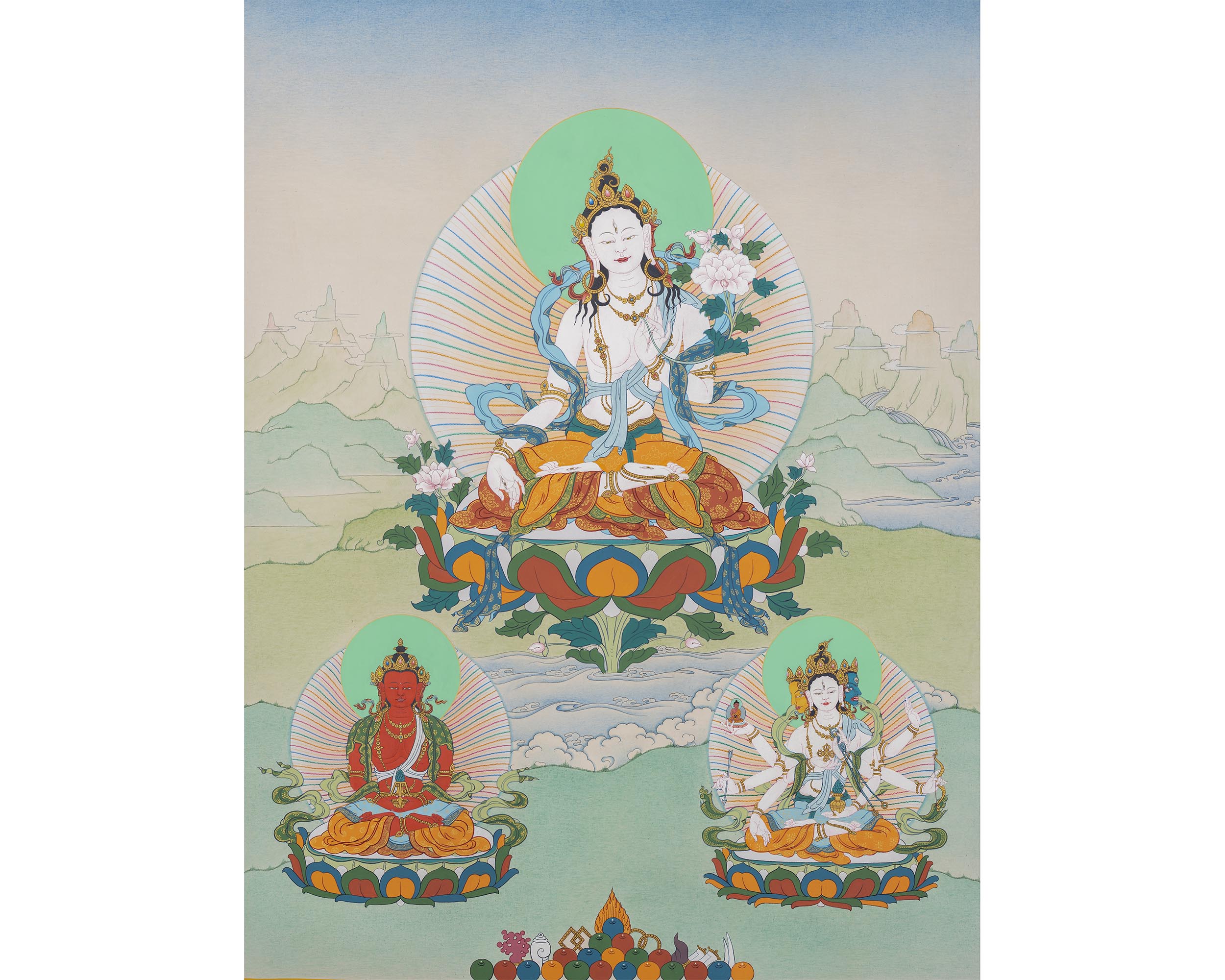 White Tara With Amitayus and Namgyalma Thangka | Tibetan Thangka Painting | Vajrayana Art