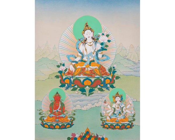 White Tara With Amitayus and Namgyalma Thangka | Tibetan Thangka Painting | Vajrayana Art