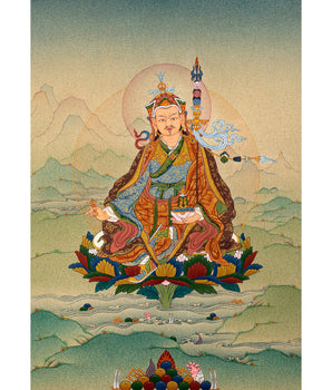 Padmasambhava Thangka | Tibetan Thangka in Natural Stone Color & 24K Gold