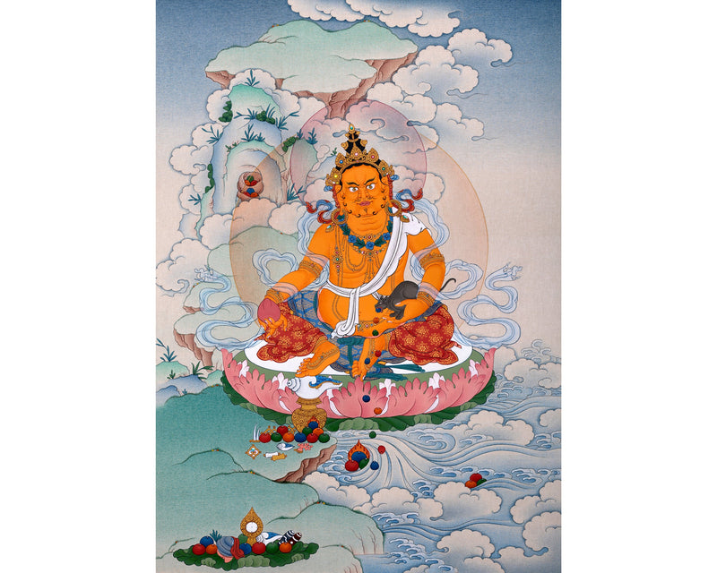 Yellow Jambhala Thangka | Dzambhala Painting | Hand-painted Buddhist Wealth Deity