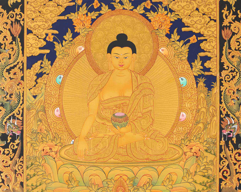 Shakyamuni Buddha Gold Thangka | Religious Tibetan Paint | Wall Decors