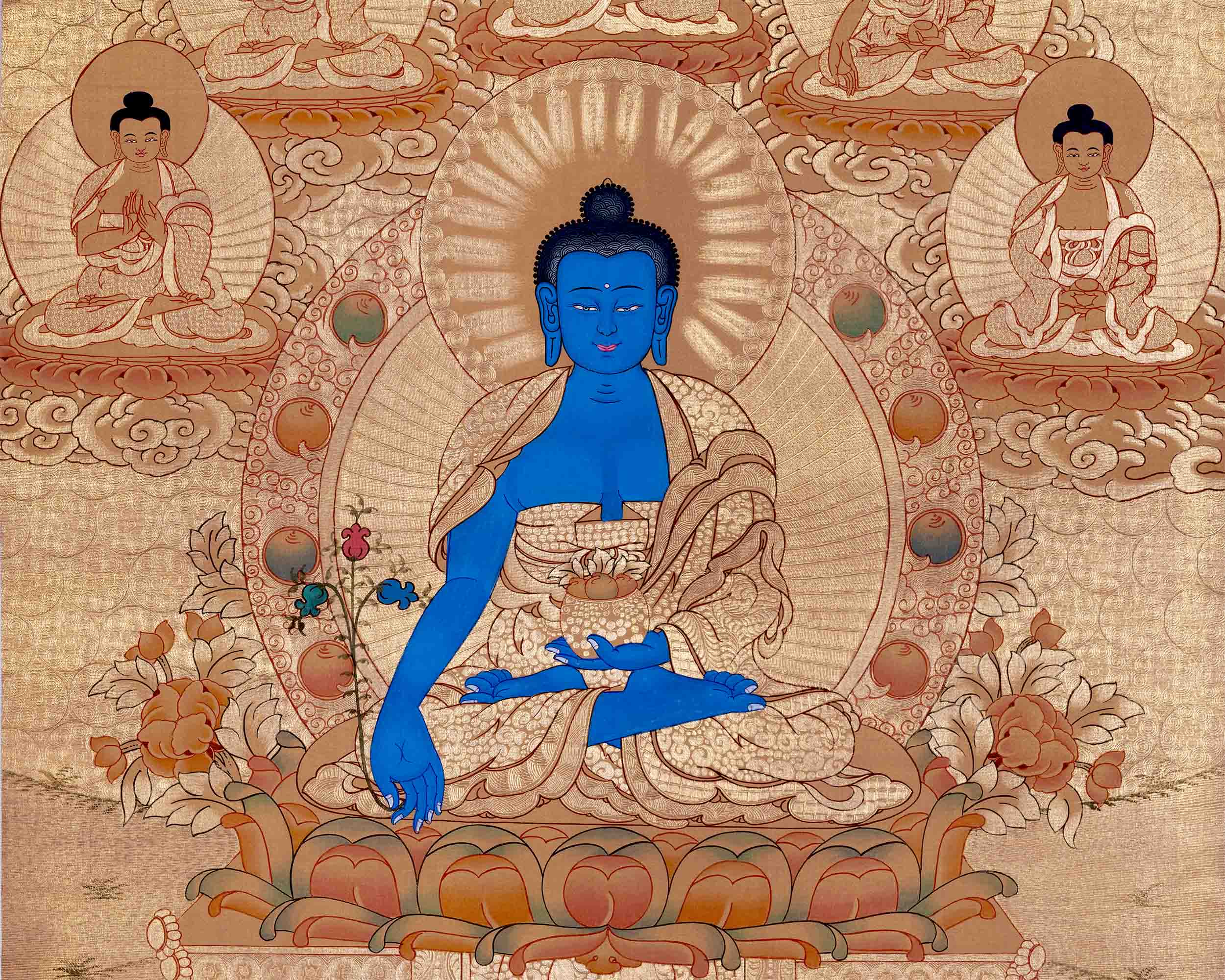 24K Gold Style Medicine Buddha Thangka | Meditation Altar