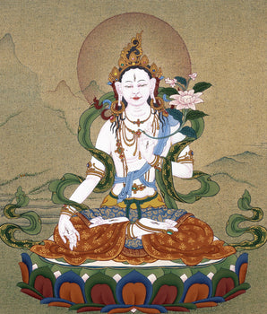 White Tara, Tibetan Thangka Painting, in Natural Stone colors