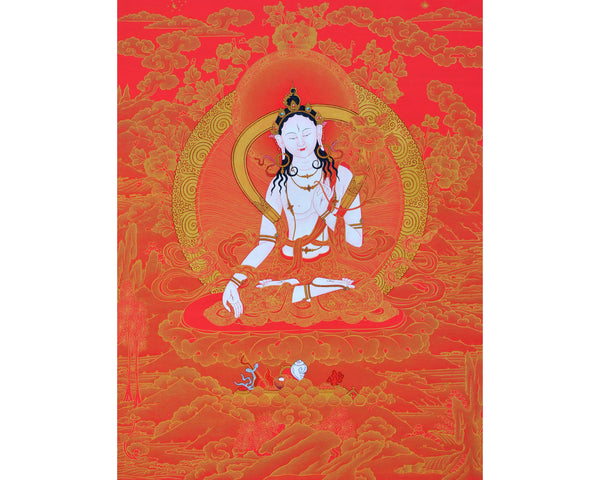 Tibetan White Tara Thangka | Tara In Red and Gold