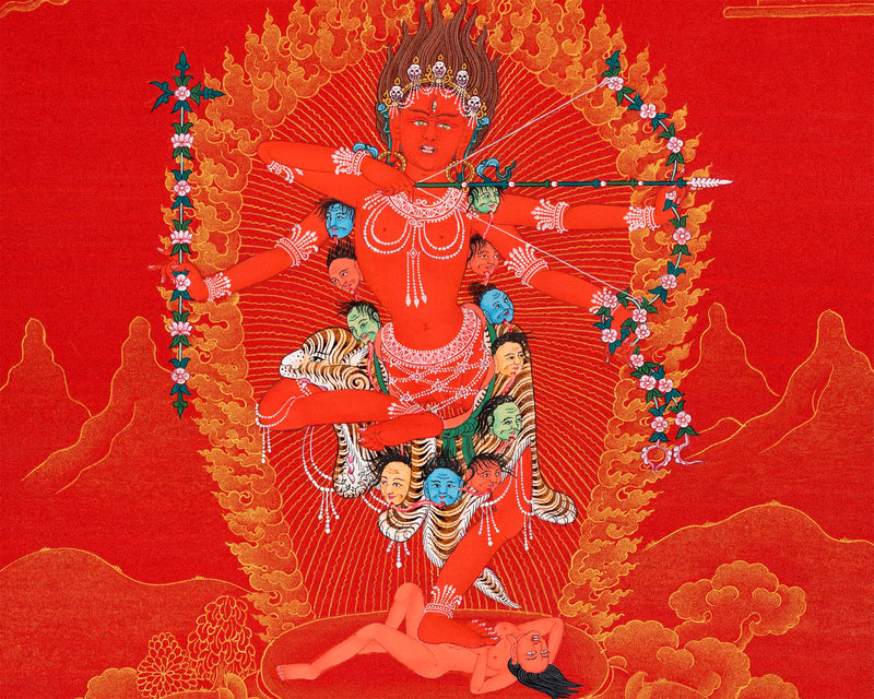 The Goddess Kurukulla Thangka | Red and Gold Dakini Art