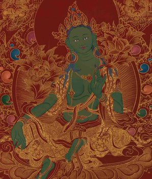 Original Green Tara Thangka | 24K Gold Style Artwork | Wall Decors