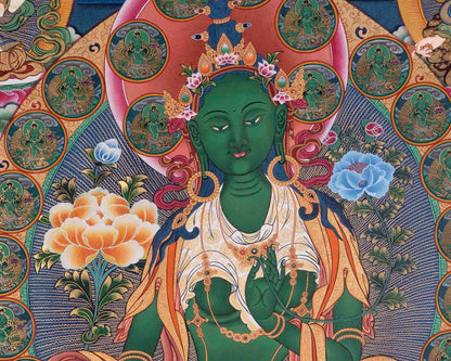 Large Green Tara Thangka | Traditional Brocaded Artwork | Wall Decors