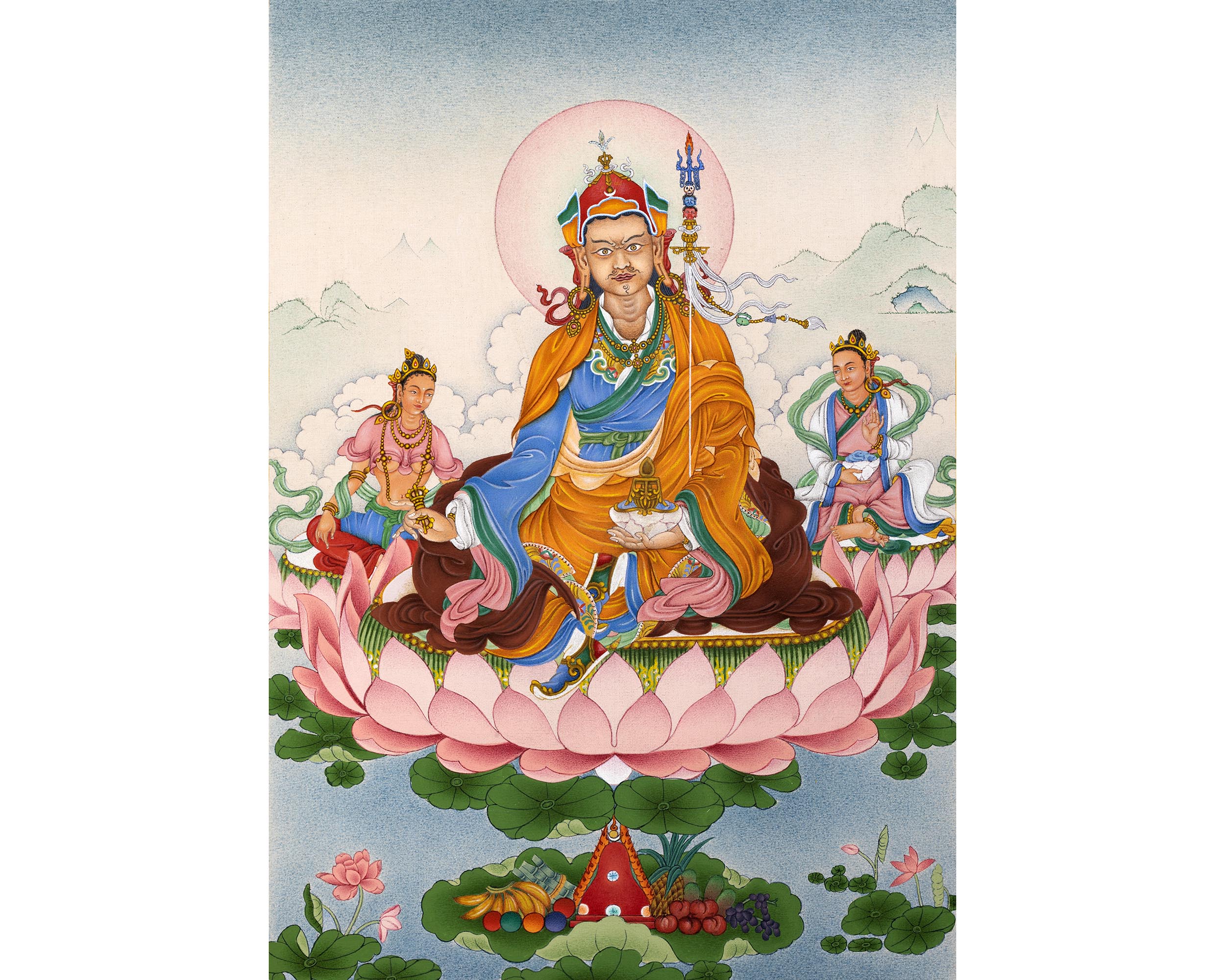 Guru Padmasambhava with Mandarva and Yeshe Tsogyal | Tibetan Thangka Painting