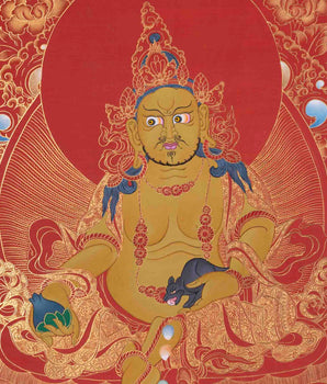 Red And Gold Painted Dzambala Thangka | Hand-Painted Deity Of Wealth