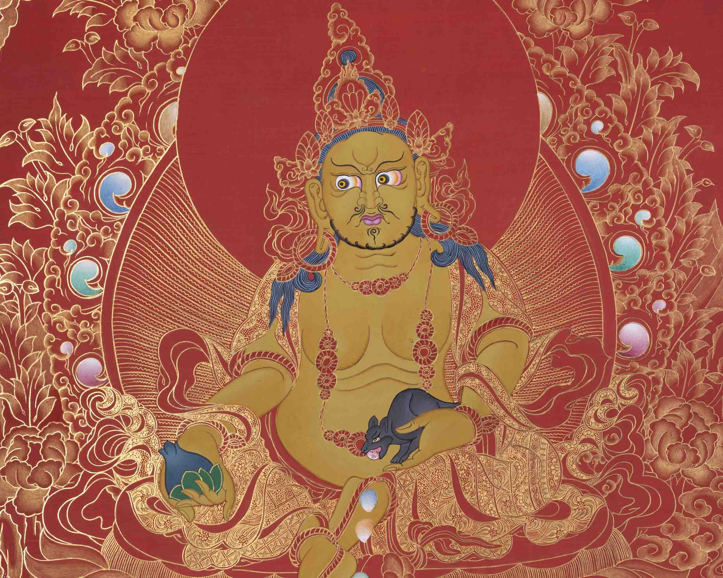 Red And Gold Painted Dzambala Thangka | Hand-Painted Deity Of Wealth