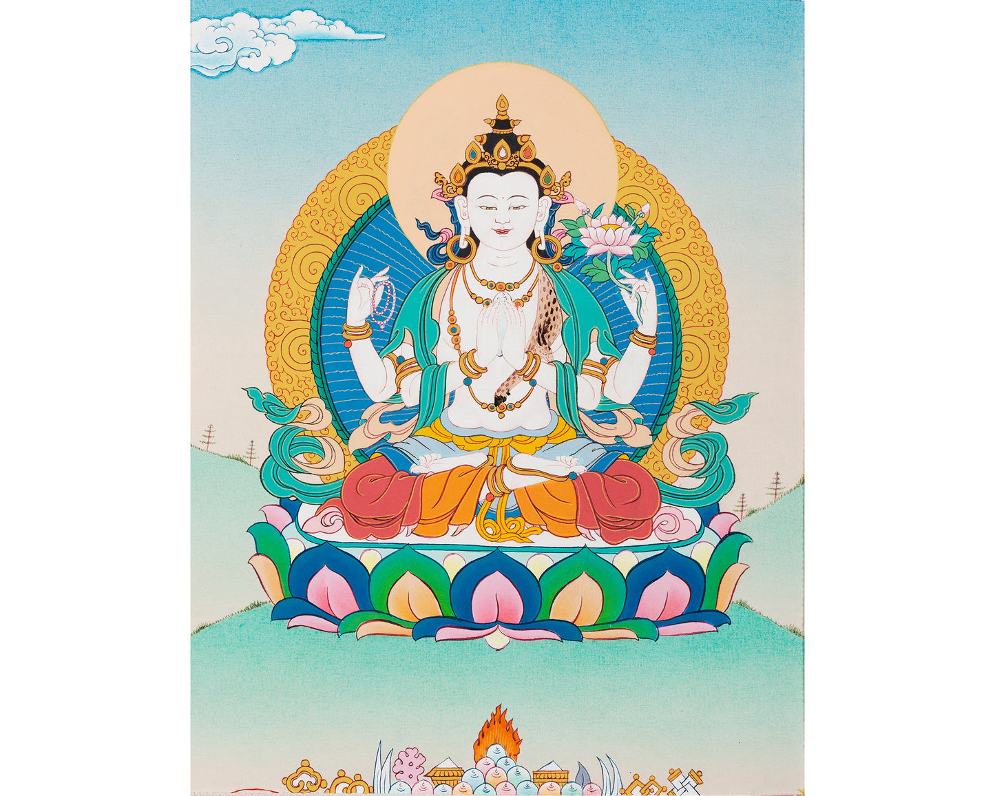 Avalokiteshvara Thangka | Himalayan Buddhist Art (with Brocade)