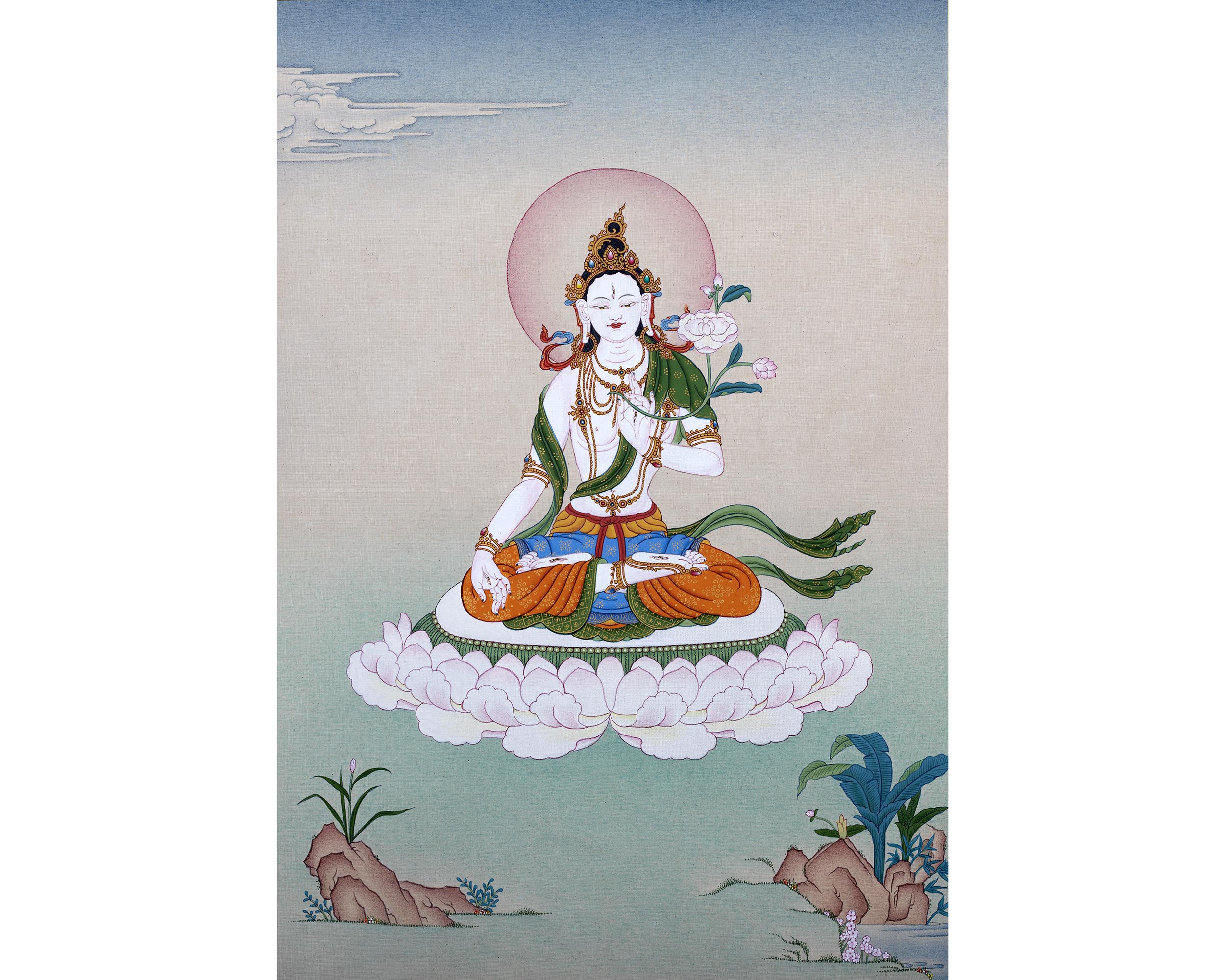 White Tara Thangka | Karma Gadri Style Painting | Female Buddha