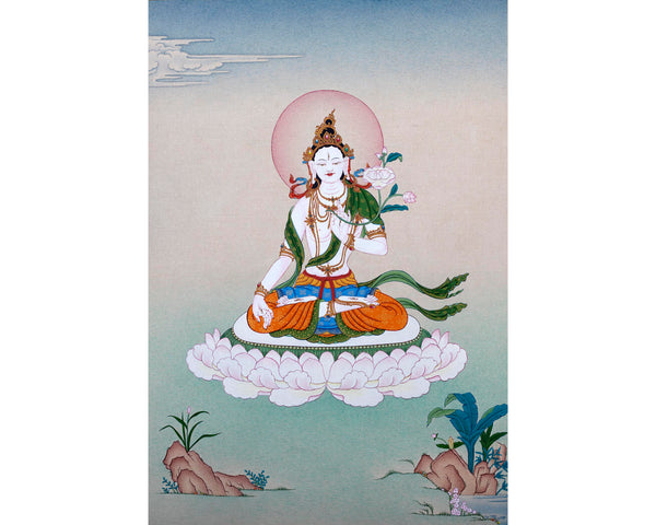 White Tara Thangka | Karma Gadri Style Painting | Female Buddha