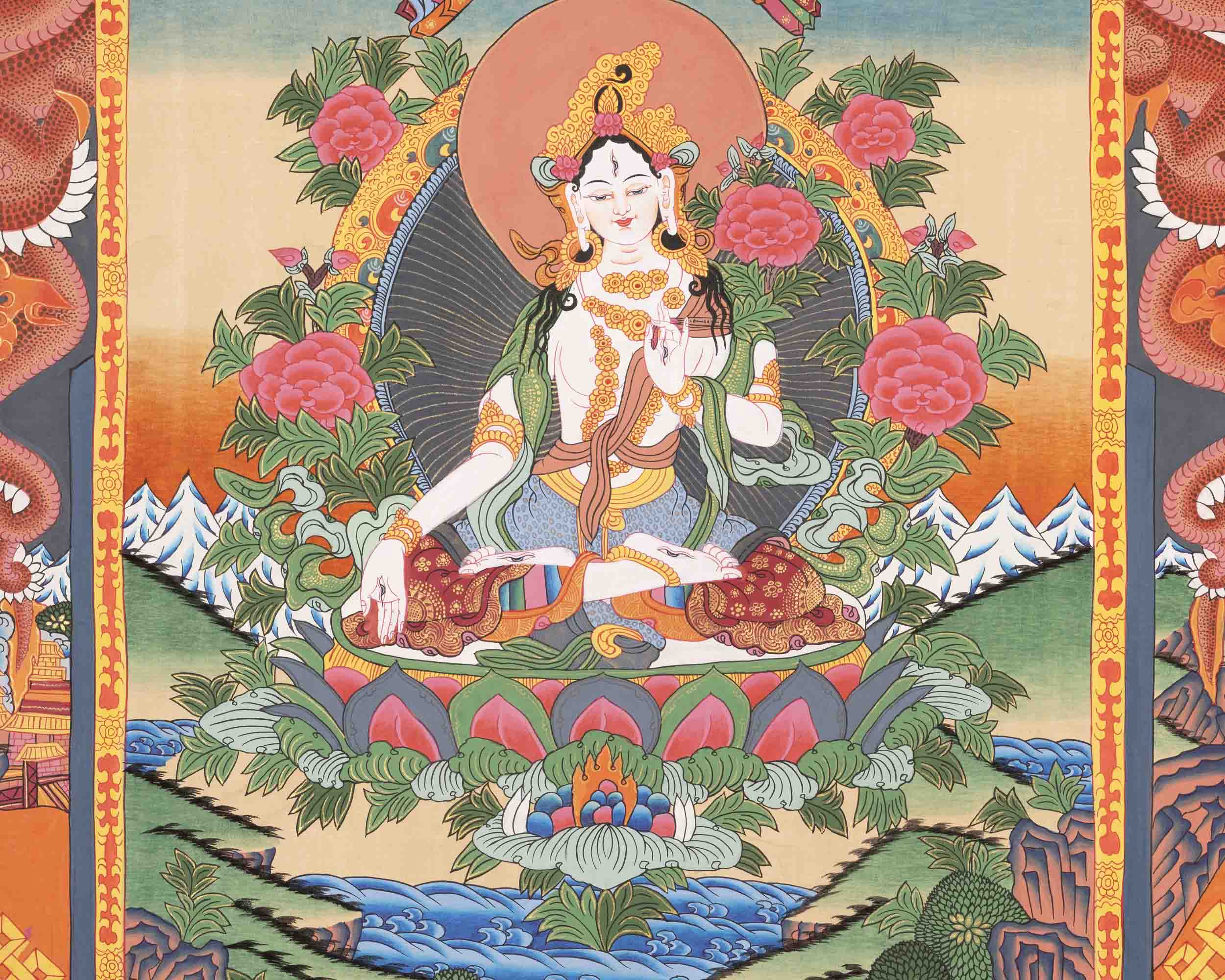White Tara Thangka | Religious Tibetan Artwork | Wall Decors