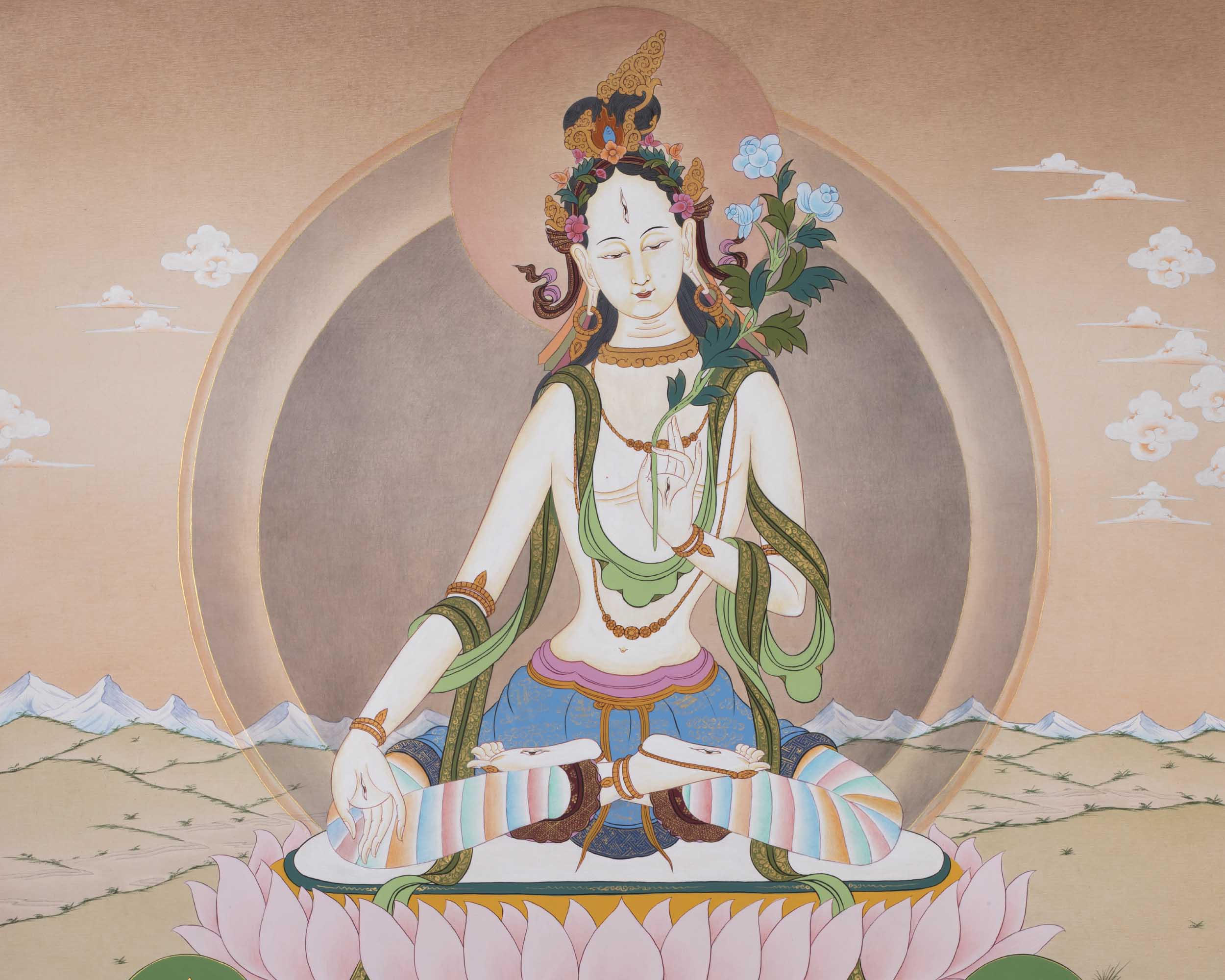 White Tara Thangka | Religious Buddhist Artwork | Wall Hanging Decoration