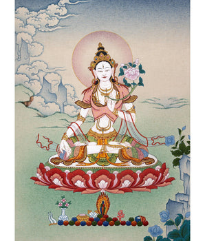White Tara Thangka | Tibetan Tara Painting (includes Brocade)