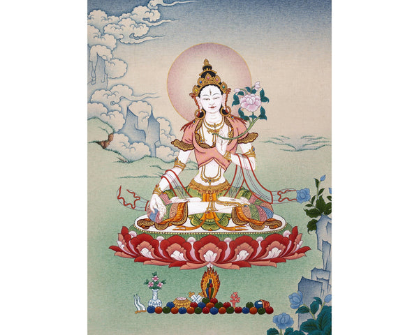 White Tara Thangka | Tibetan Tara Painting (includes Brocade)