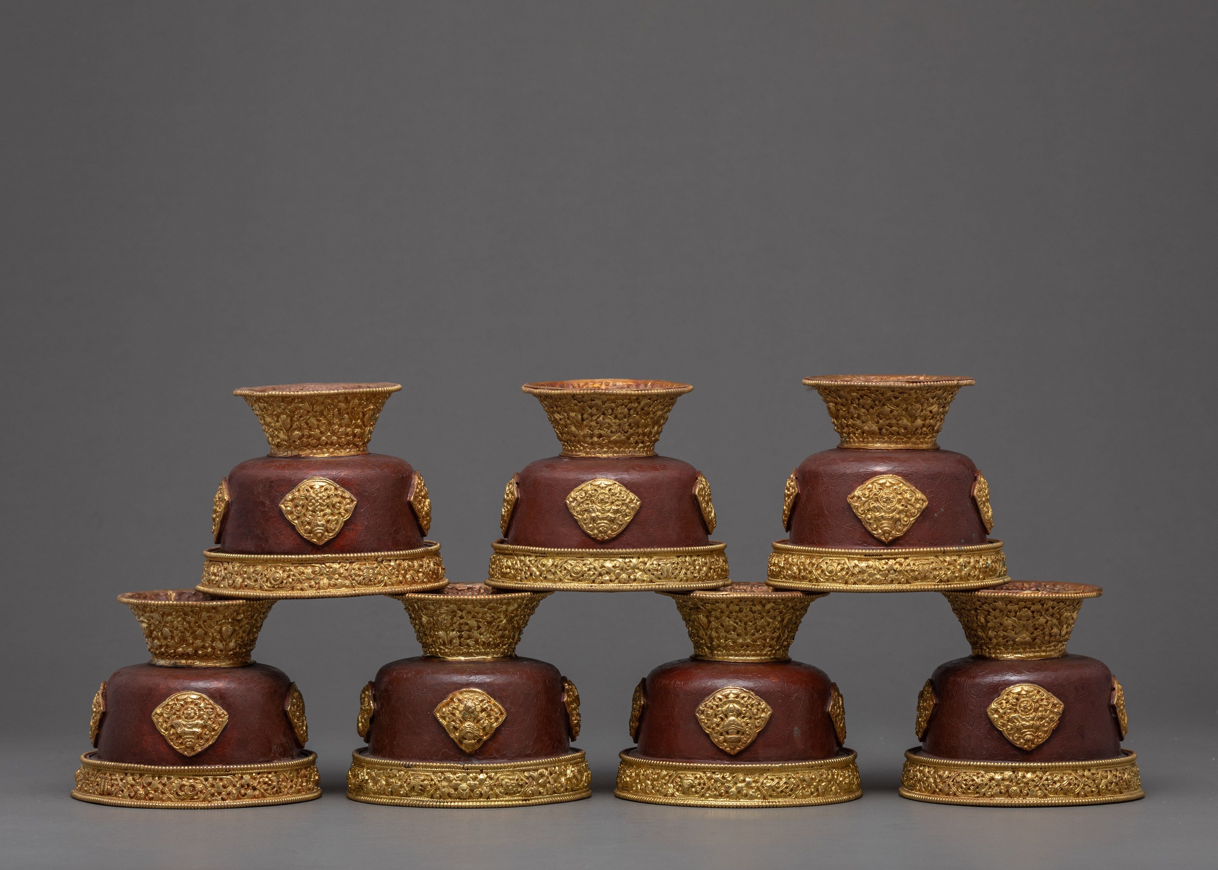 Handcarved Copper Alloy 4.3" Tibetan Buddhist Offering Bowls Set from Nepal