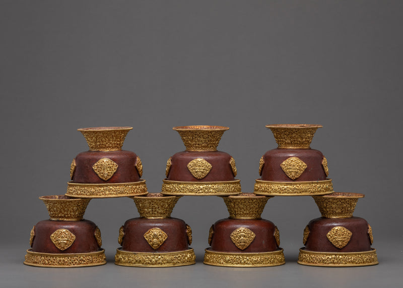 Handcarved Copper Alloy 4.3" Tibetan Buddhist Offering Bowls Set from Nepal