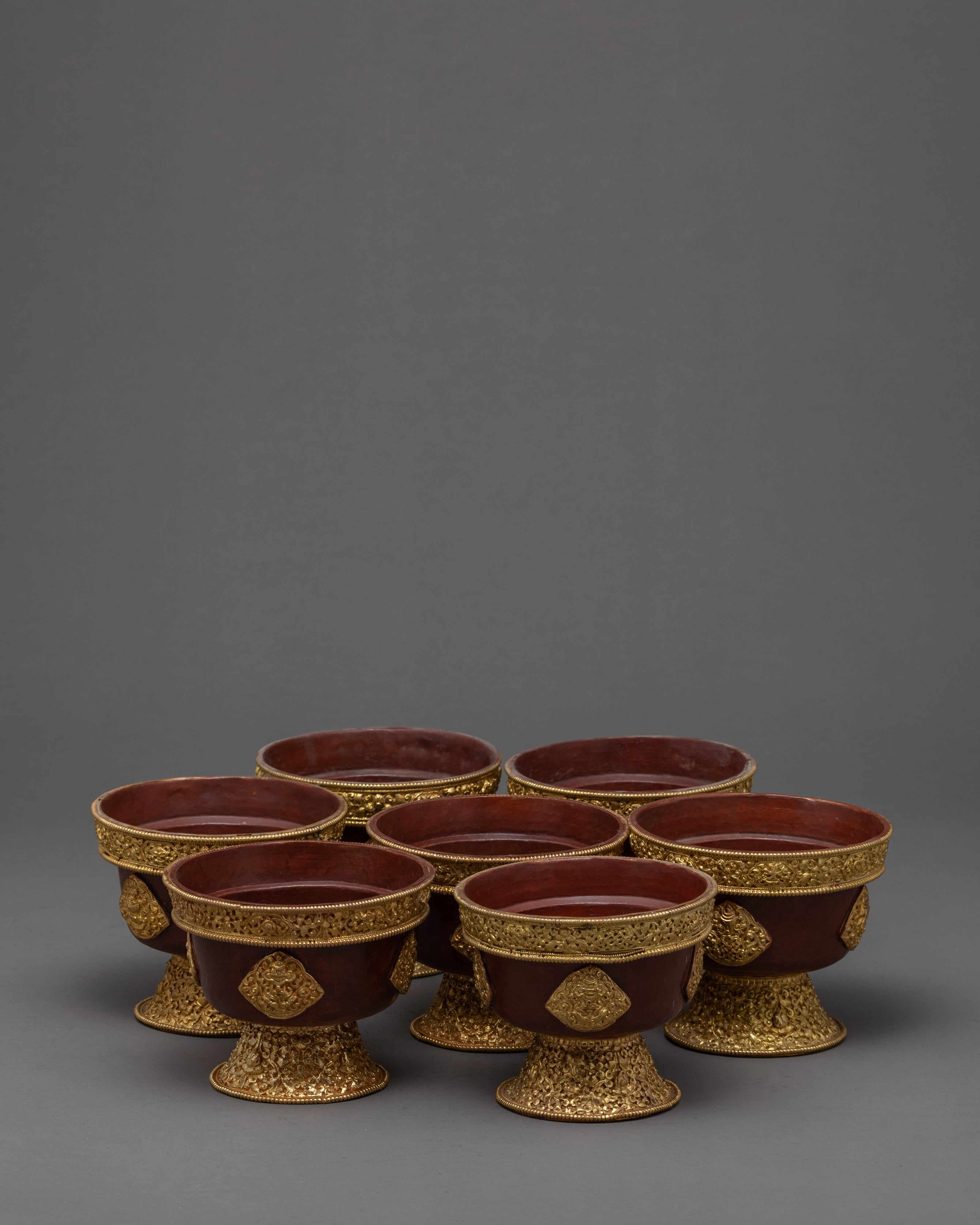 Handcarved Copper Alloy 4.3" Tibetan Buddhist Offering Bowls Set from Nepal