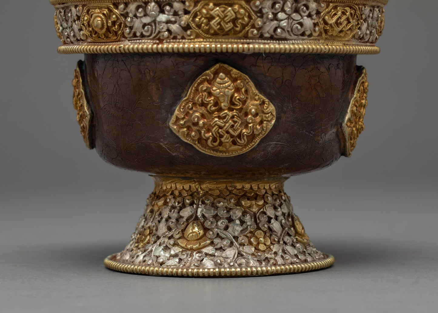 Seven Puja Bowls Set with Exquisite Handcarvings | Gold and Silver Plated