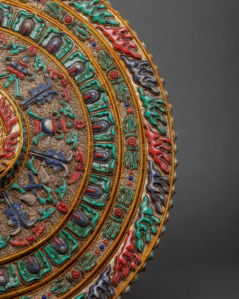 Filigree Mahakala Mandala | Tibetan Copper Inlaid with Gemstones | Wall Hanging