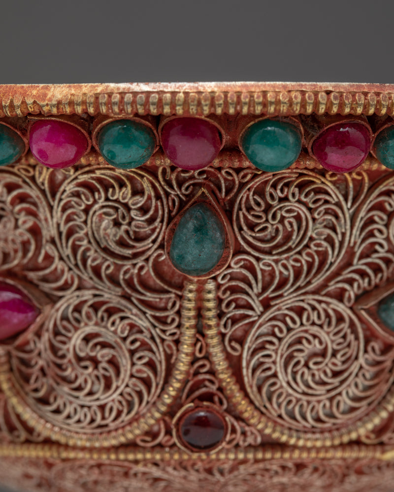Water Purification Bowl | Copper Handmade Filigree with Semi-precious Stone Inlays | Ritual Item
