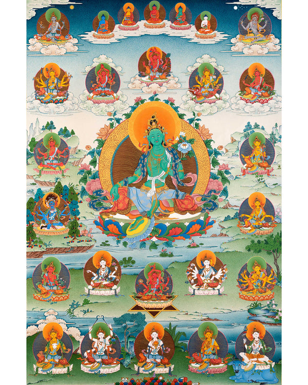 21 Tara of Suryagupta Tradition, Tibetan Thangka Print with Brocade