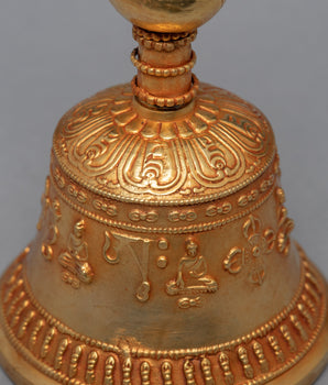 Tibetan Jeweled Bell With Half Vajra | Gold Plated Copper Body Bell | Ritual Objects