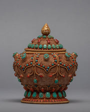 Gulpa Filigree Embed Turquoise, Red Coral, Lapis & Gem Stones | Buddhist Tank Jar