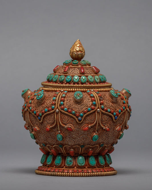 Gulpa Filigree Embed Turquoise, Red Coral, Lapis & Gem Stones | Buddhist Tank Jar