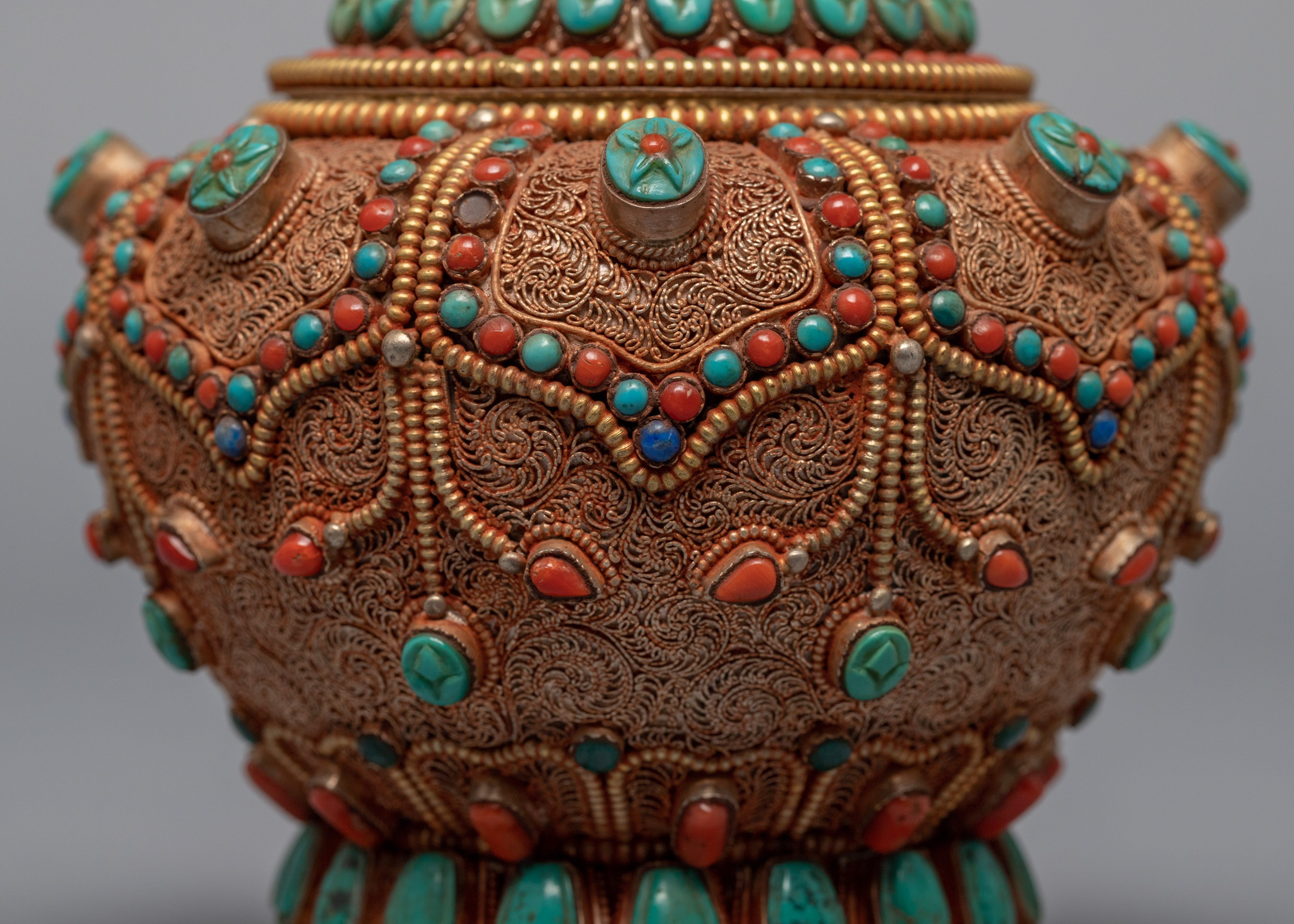 Gulpa Filigree Embed Turquoise, Red Coral, Lapis & Gem Stones | Buddhist Tank Jar